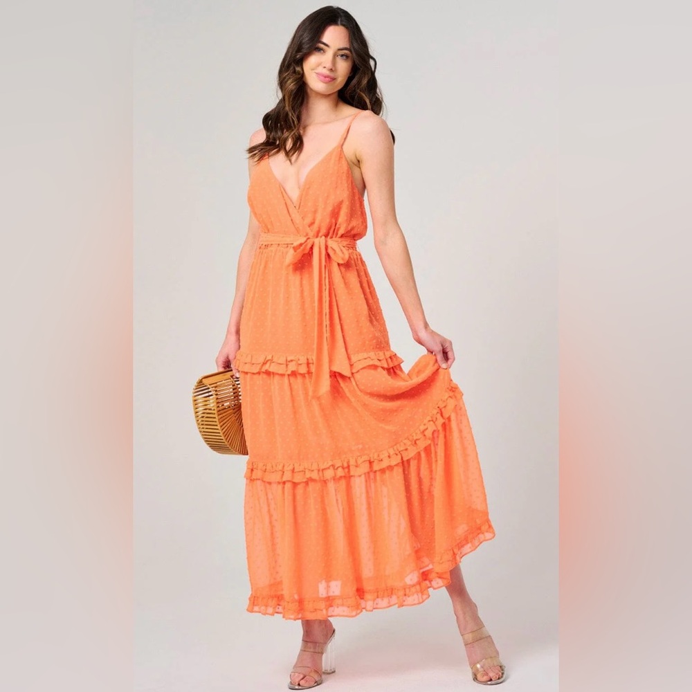 Bright Orange Tiered Ruffle Maxi Dress – Plunge Tie Front Sundress (Size M)